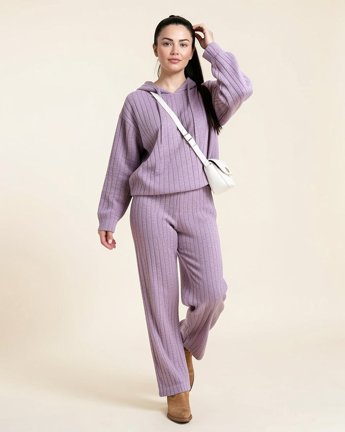 Ribbed Hoodie & Wide-Leg Pants Set