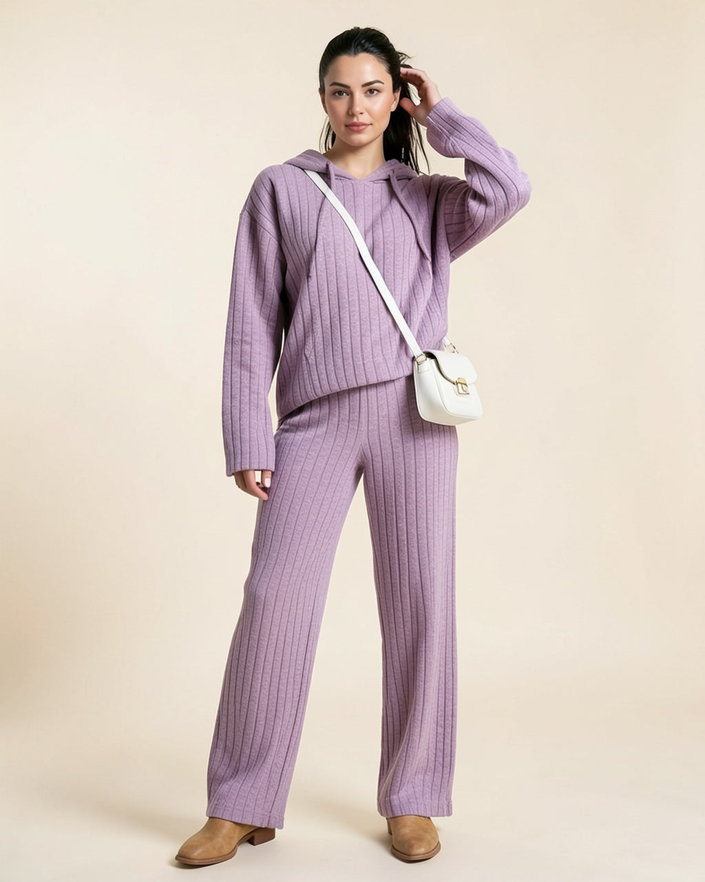 Ribbed Hoodie & Wide-Leg Pants Set
