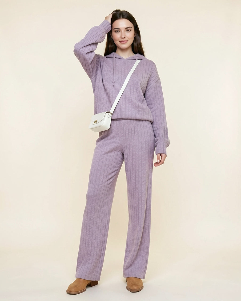 Ribbed Hoodie & Wide-Leg Pants Set