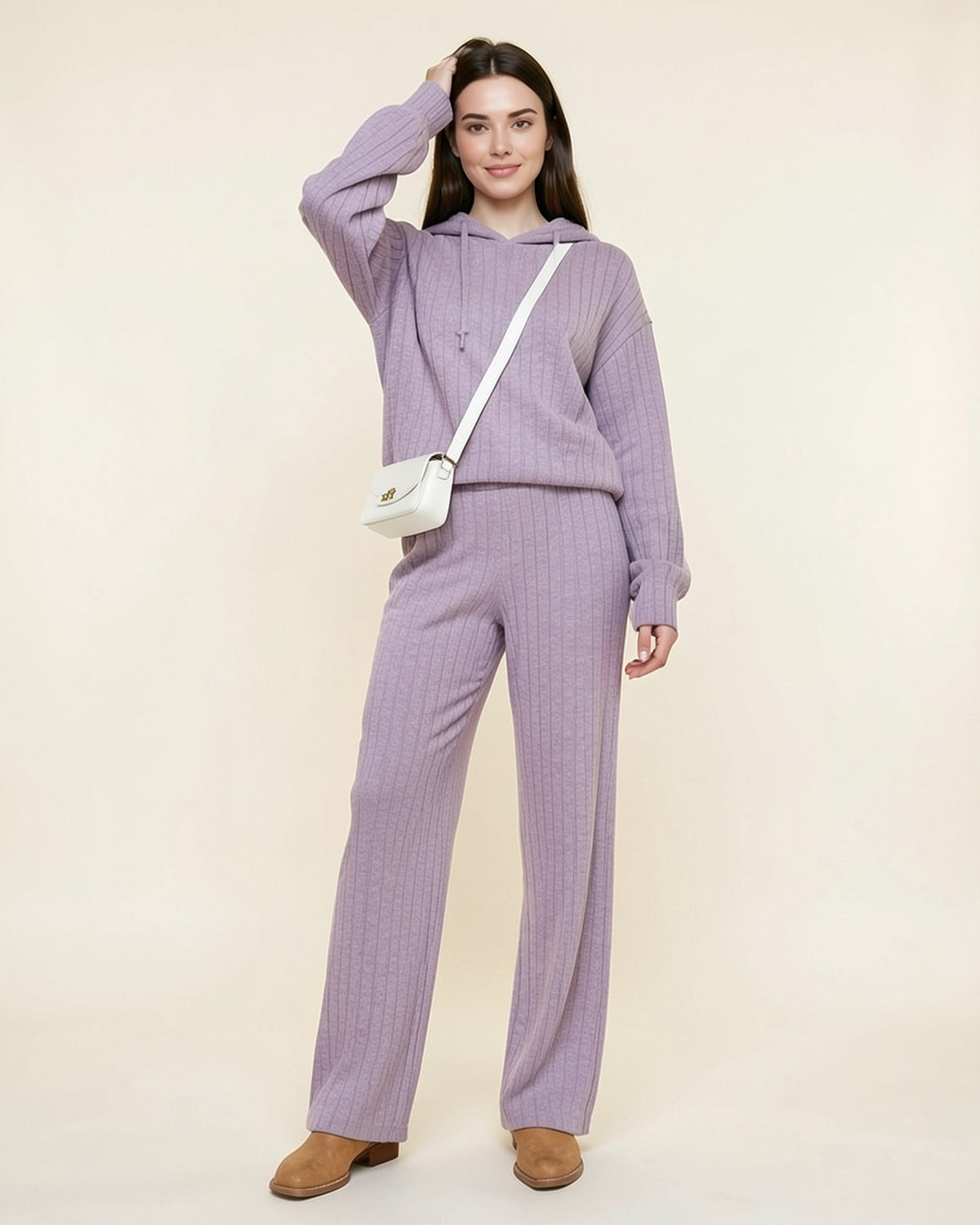 Ribbed Hoodie & Wide-Leg Pants Set