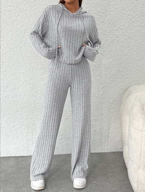 Ribbed Hoodie & Wide-Leg Pants Set