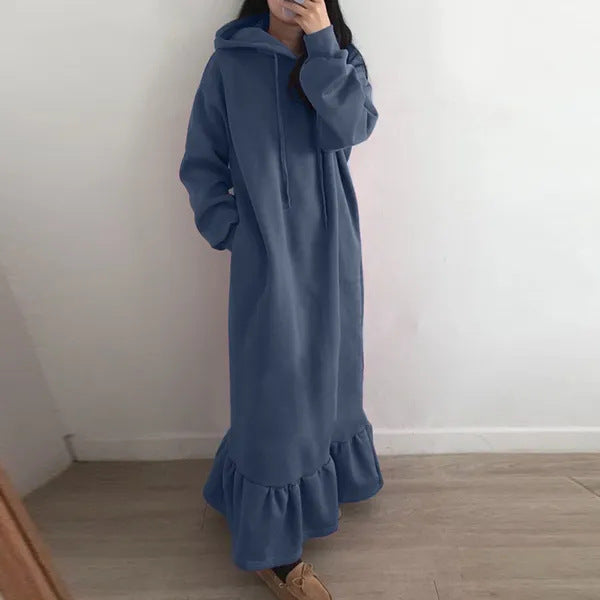 Ruffle Hem Fleece Maxi Hoodie Dress