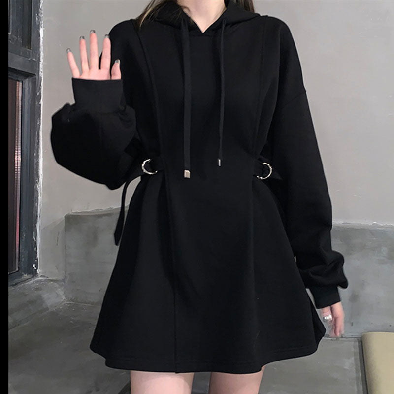 Cinched Waist Balloon Sleeve Hoodie Dress