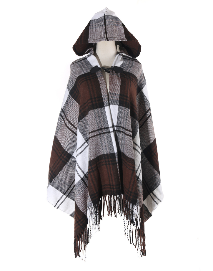 Plaid Fringe Hooded Poncho