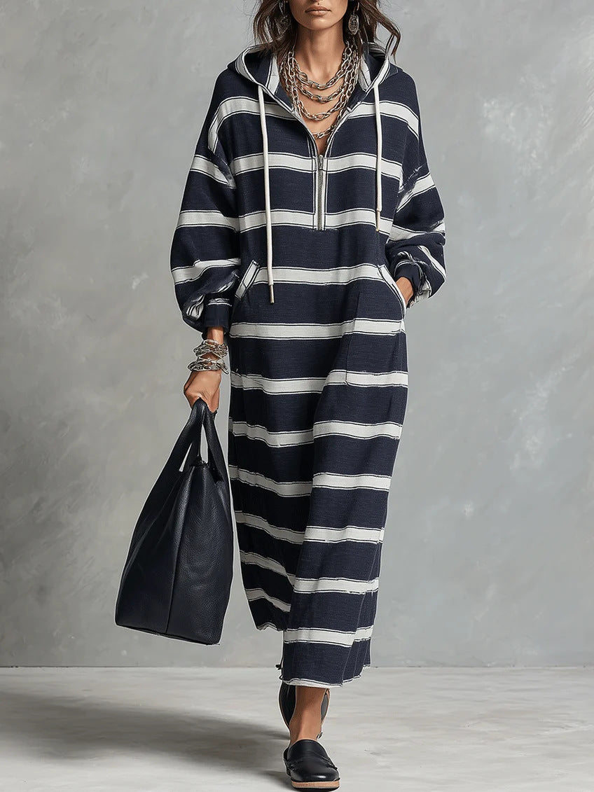 Striped Half-Zip Maxi Hoodie Dress