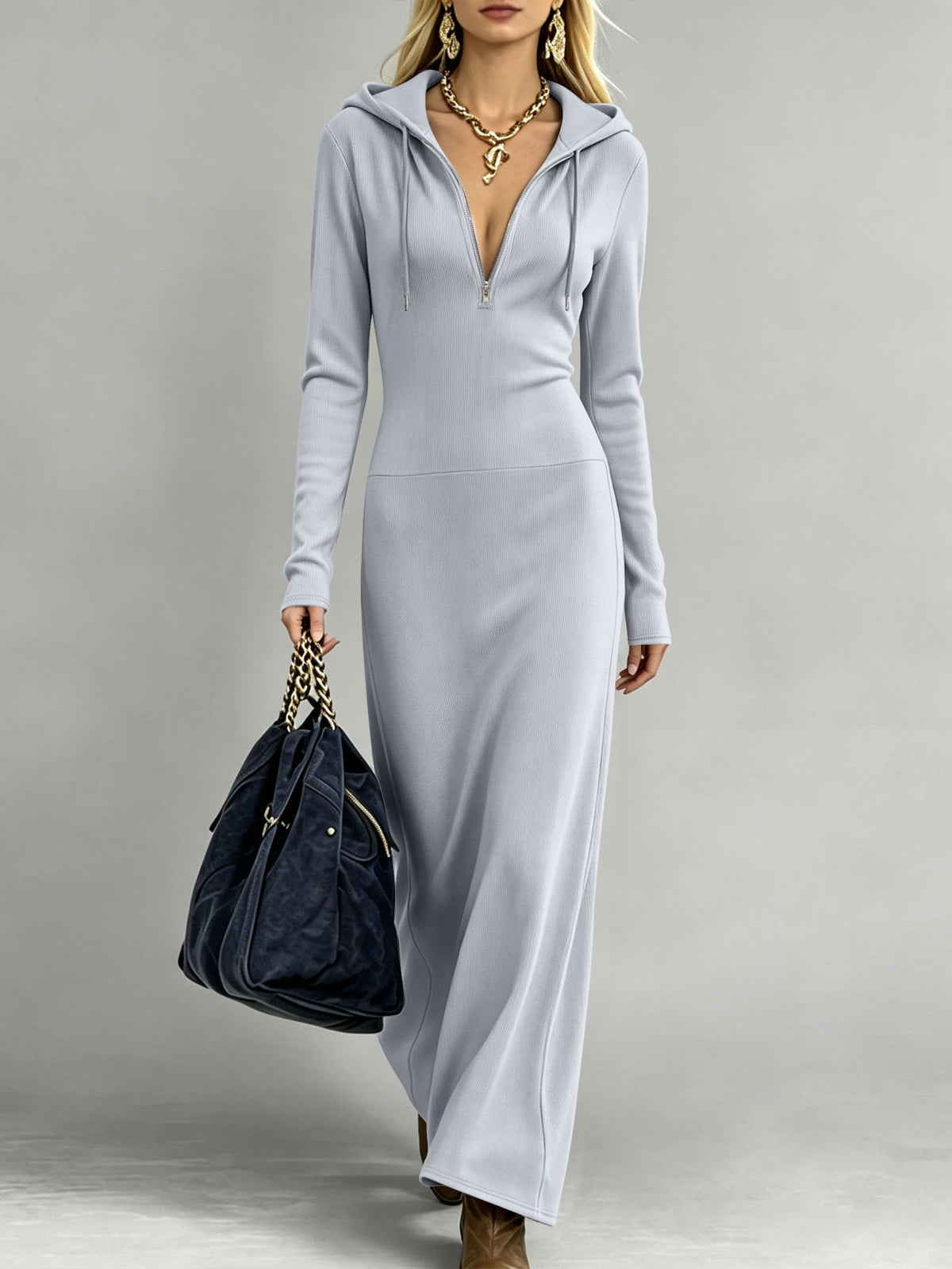 Plunge Zip Maxi Hoodie Dress
