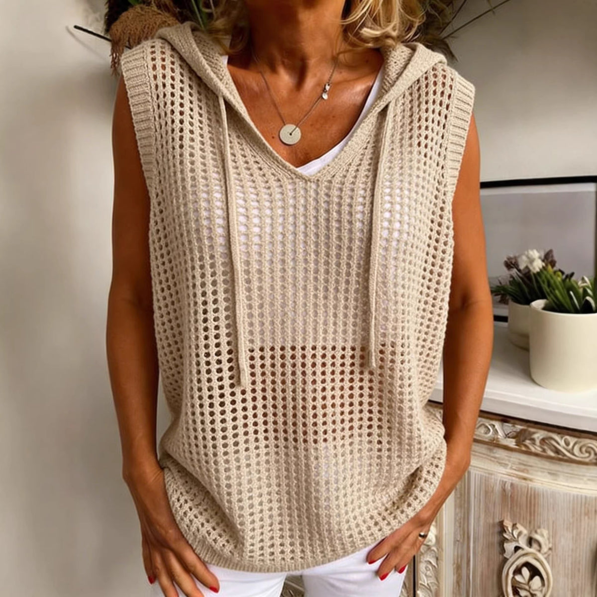 Open-Knit Hooded Vest