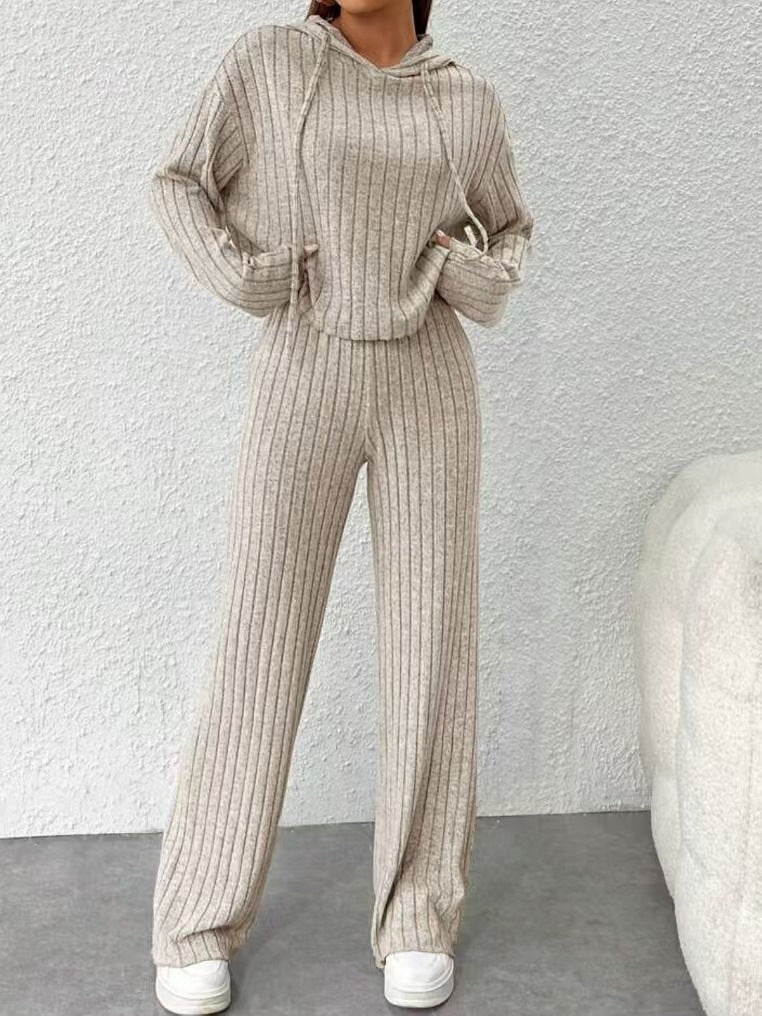 Ribbed Hoodie & Wide-Leg Pants Set