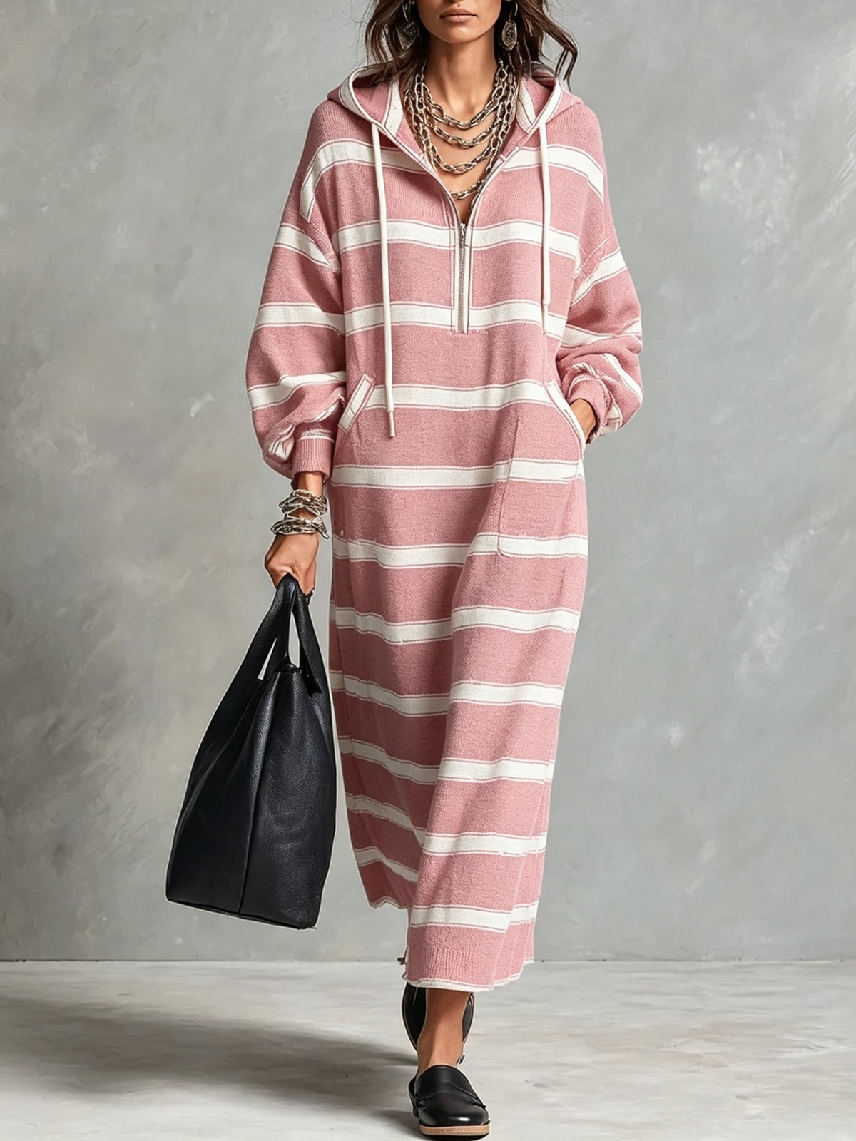 Striped Half-Zip Maxi Hoodie Dress