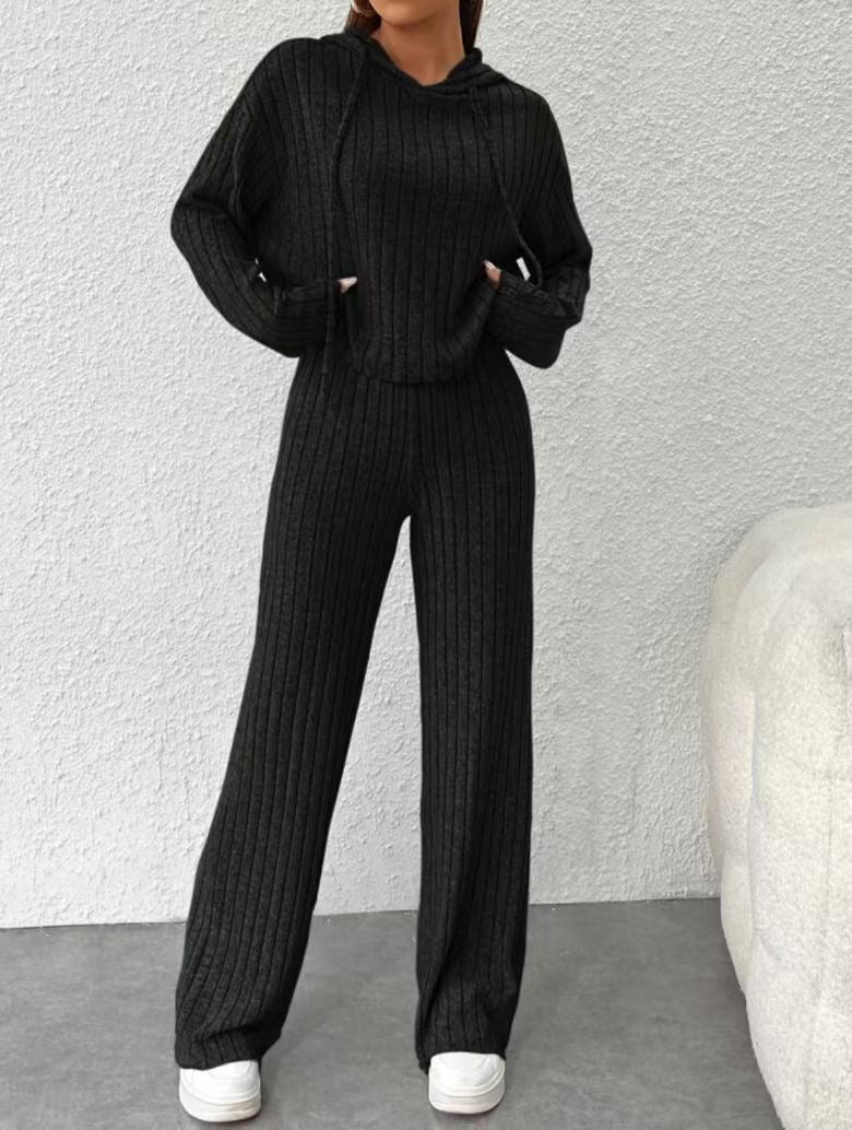 Ribbed Hoodie & Wide-Leg Pants Set
