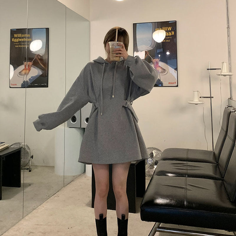 Cinched Waist Balloon Sleeve Hoodie Dress