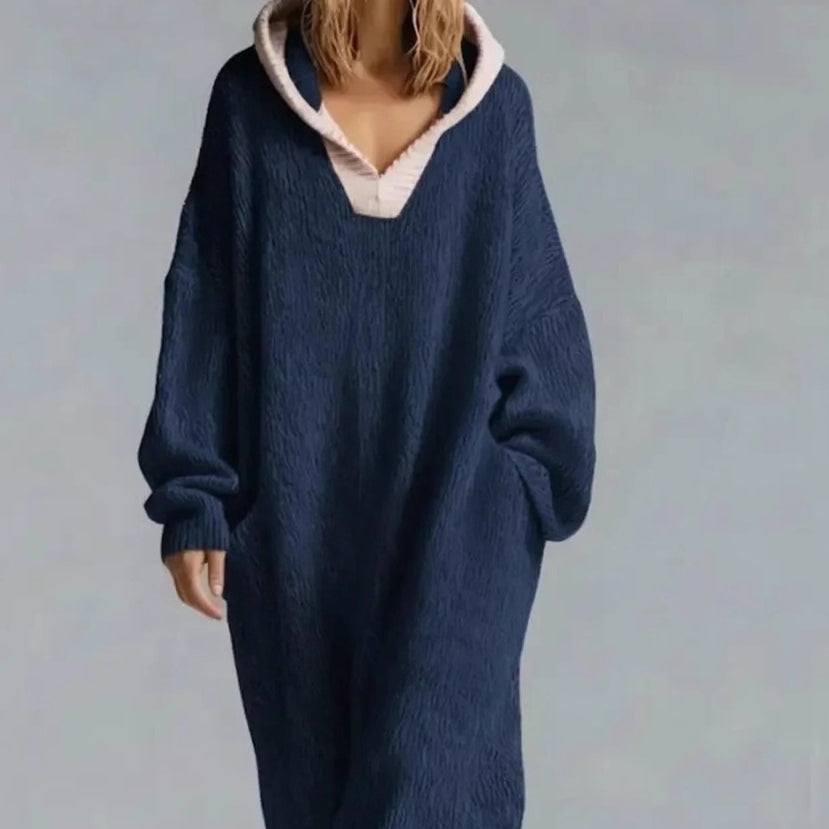 Cozy Knit V-Neck Hoodie Dress