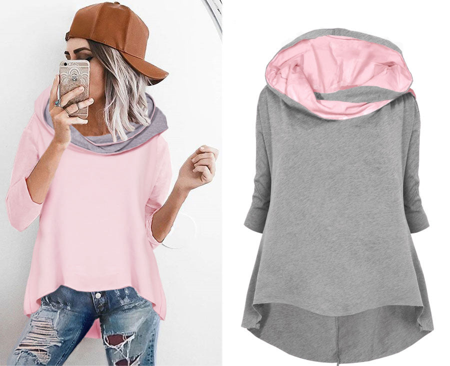 Curved Hem Contrast Hood Hoodie
