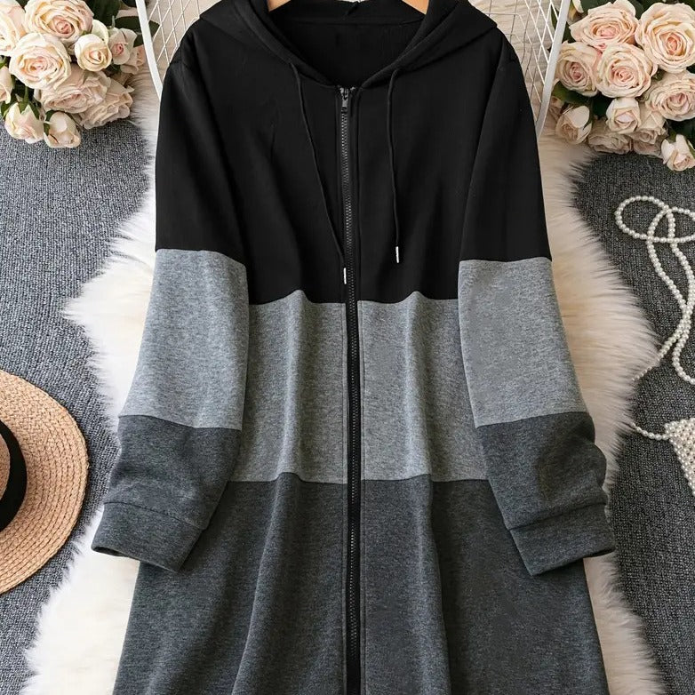 Color-Block Longline Zip Hoodie Coat