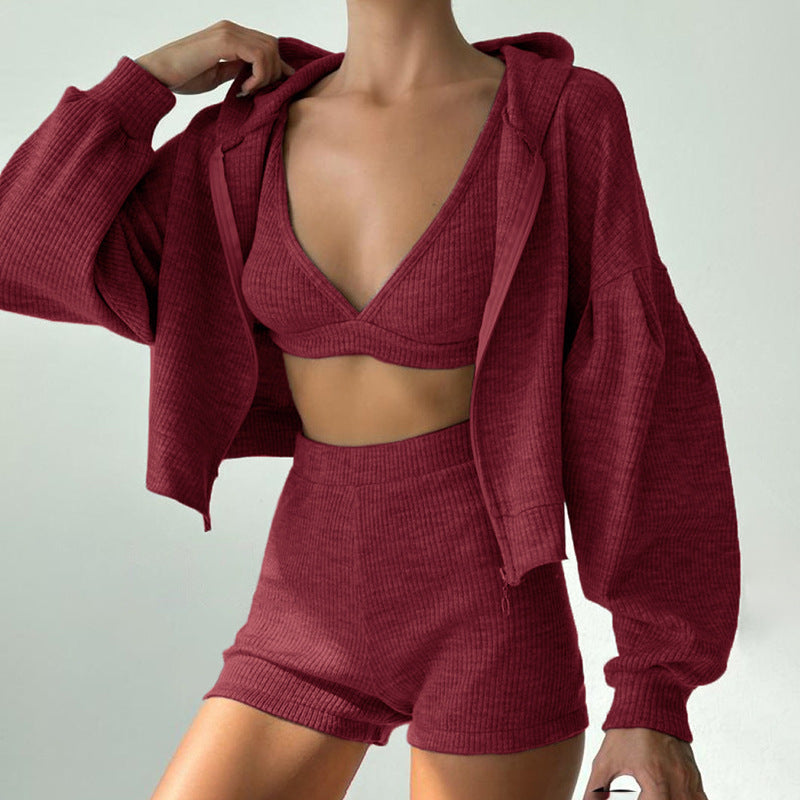 Cropped Zip 3-Piece Shorts Set