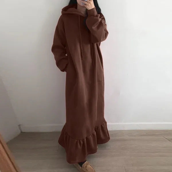 Ruffle Hem Fleece Maxi Hoodie Dress