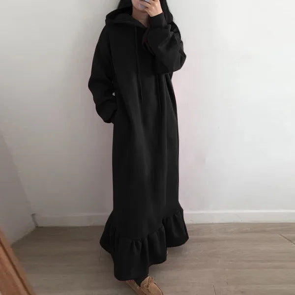Ruffle Hem Fleece Maxi Hoodie Dress