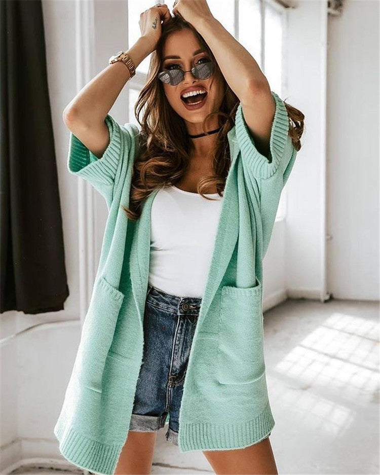 Short Sleeve Knit Hooded Cardigan