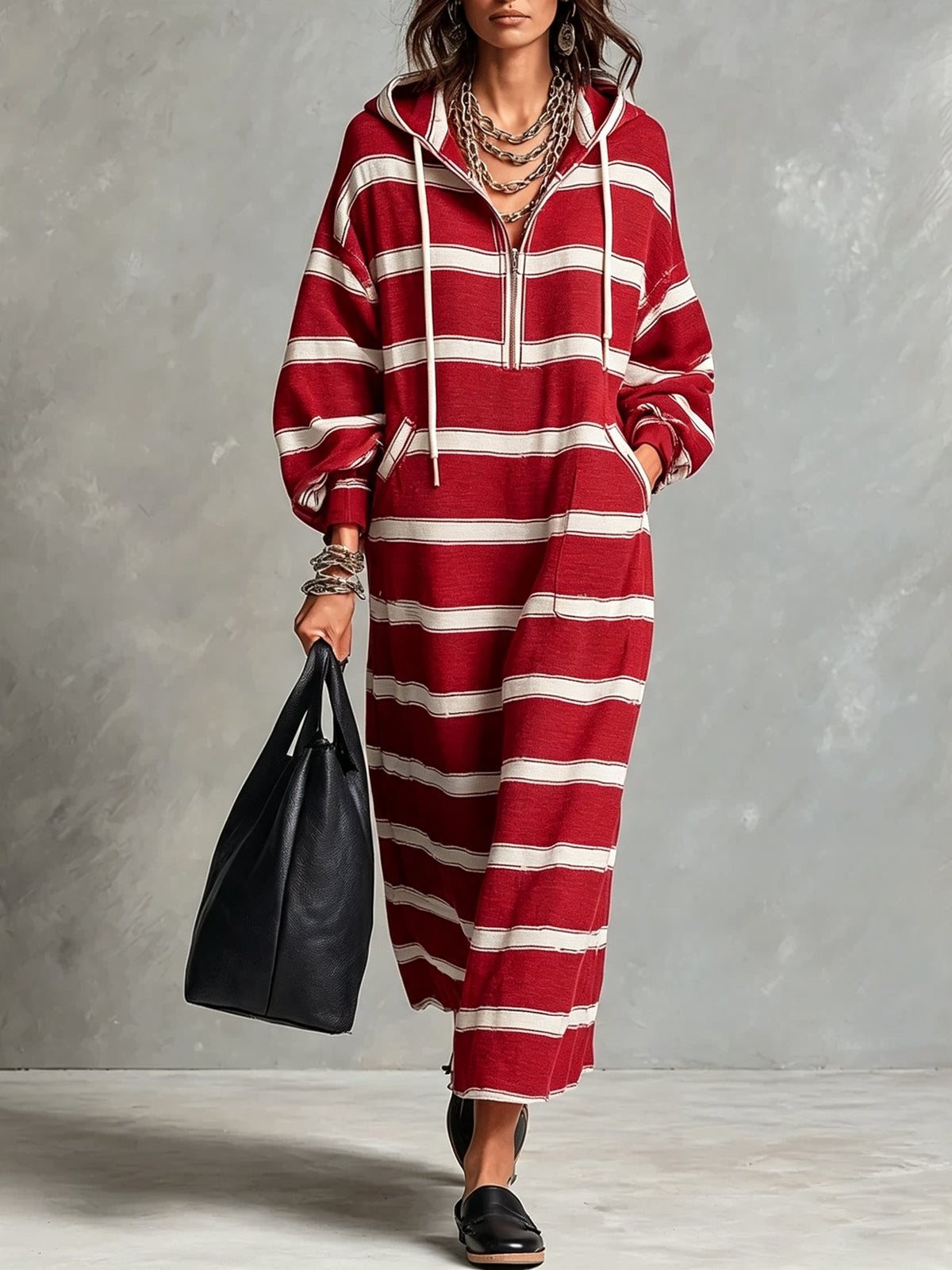 Striped Half-Zip Maxi Hoodie Dress