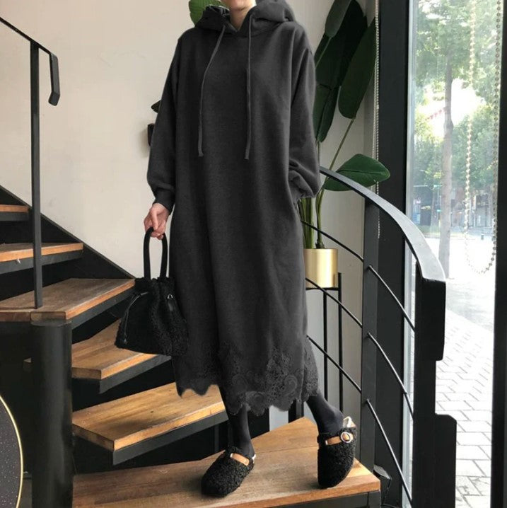 Lace Hem Maxi Hoodie Dress (Plus)