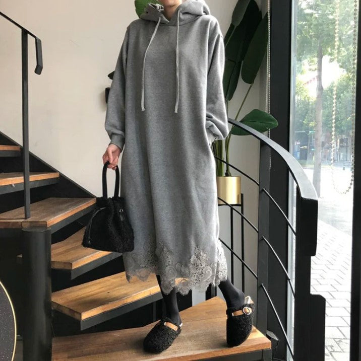 Lace Hem Maxi Hoodie Dress (Plus)