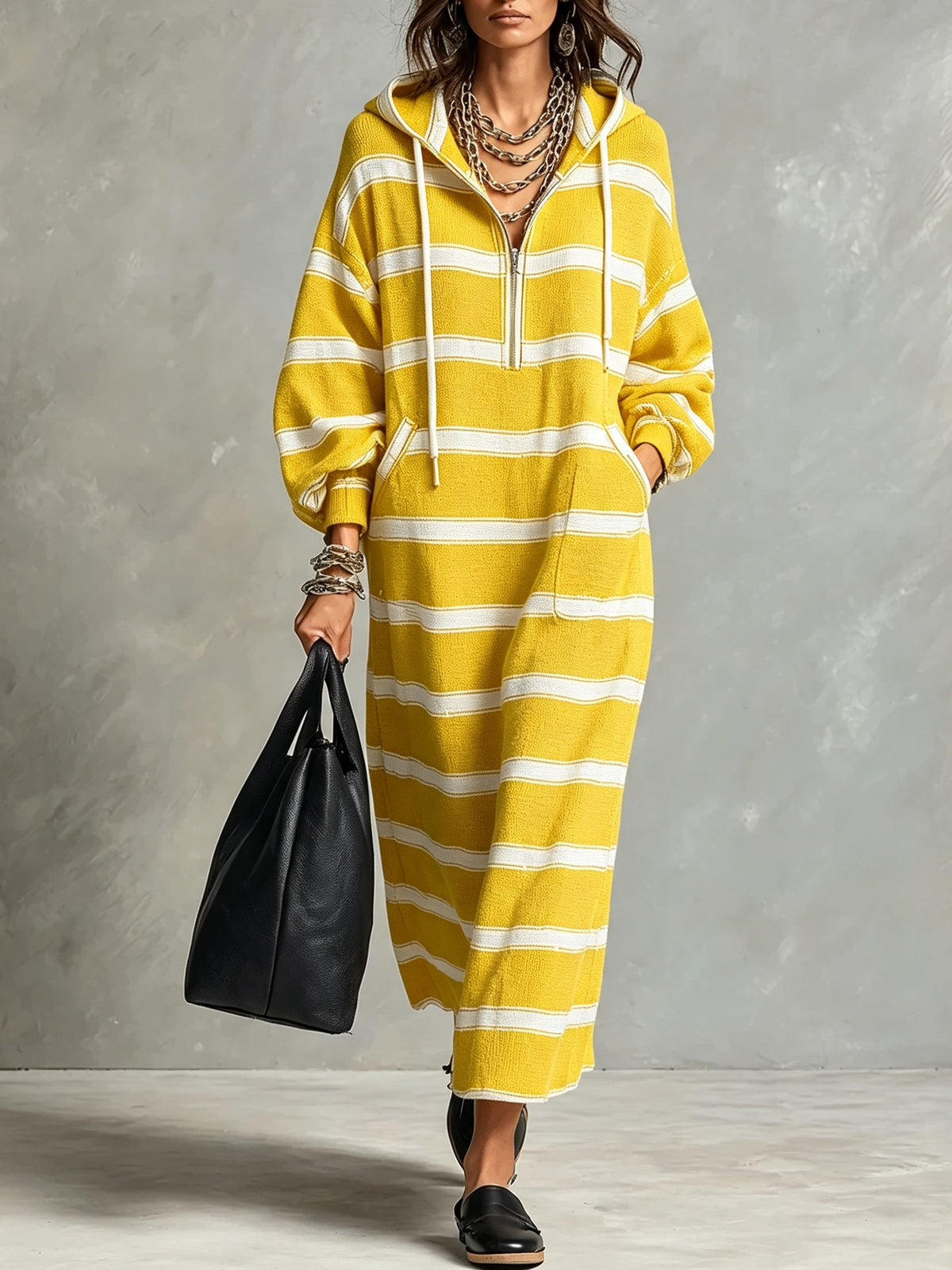 Striped Half-Zip Maxi Hoodie Dress