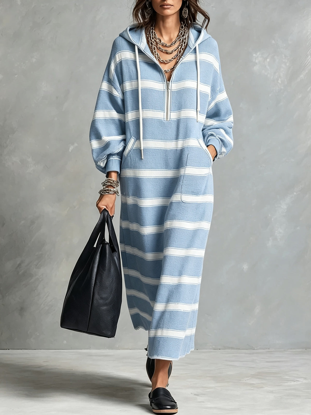 Striped Half-Zip Maxi Hoodie Dress