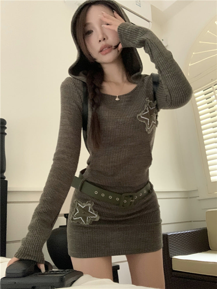 Fitted Knit Hoodie Mini Dress