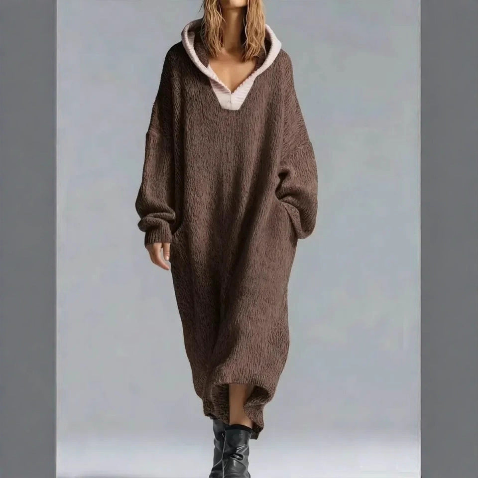 Cozy Knit V-Neck Hoodie Dress