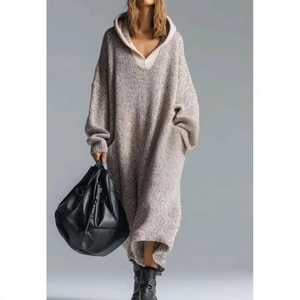 Cozy Knit V-Neck Hoodie Dress