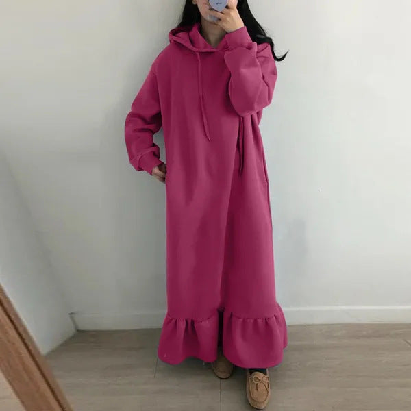 Ruffle Hem Fleece Maxi Hoodie Dress