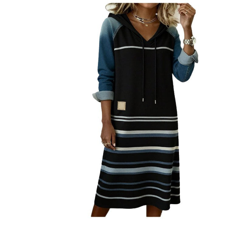 Denim Color-Block Stripe Hoodie Dress