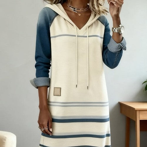 Denim Color-Block Stripe Hoodie Dress