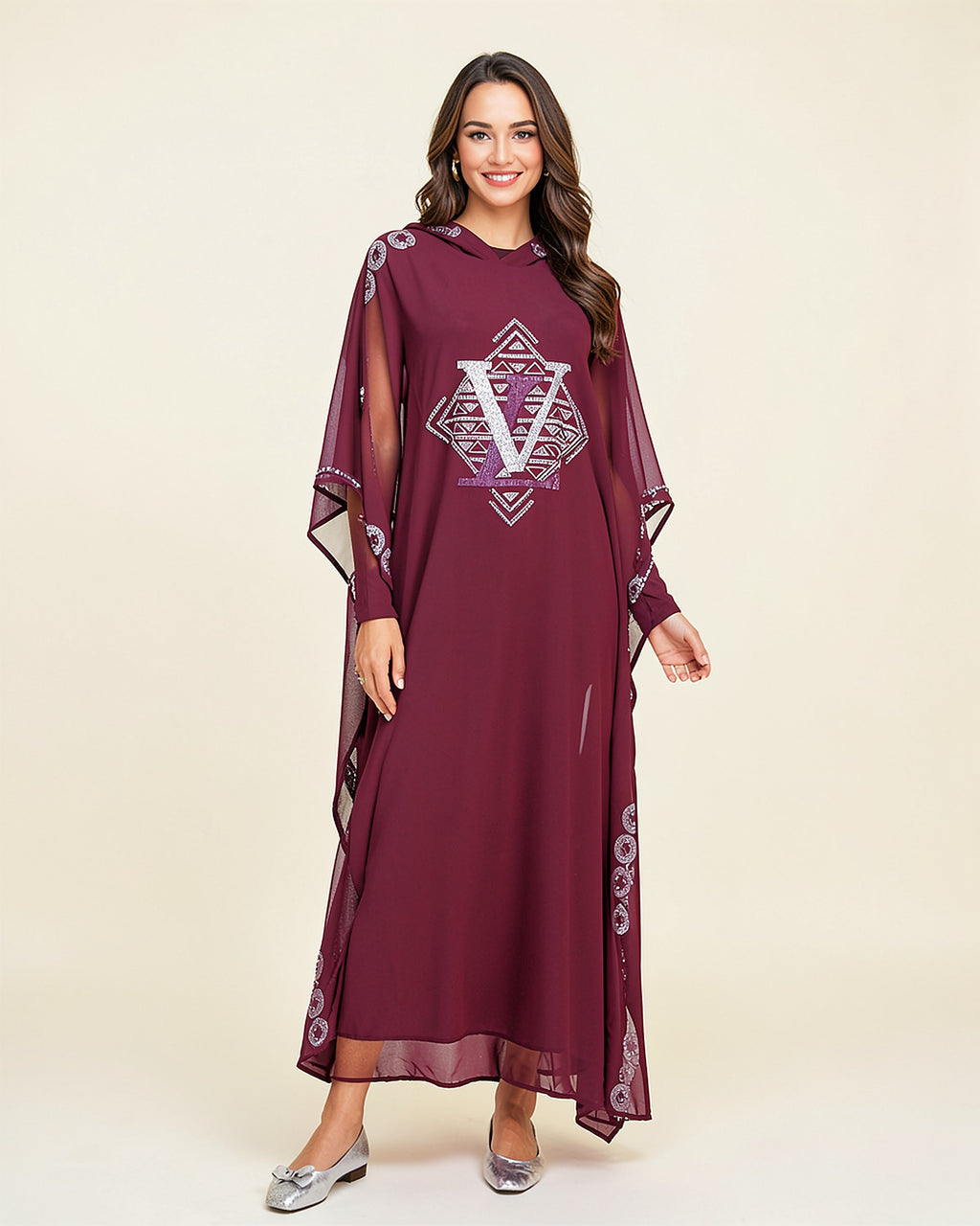 Rhinestone Chiffon Cape Hoodie Dress