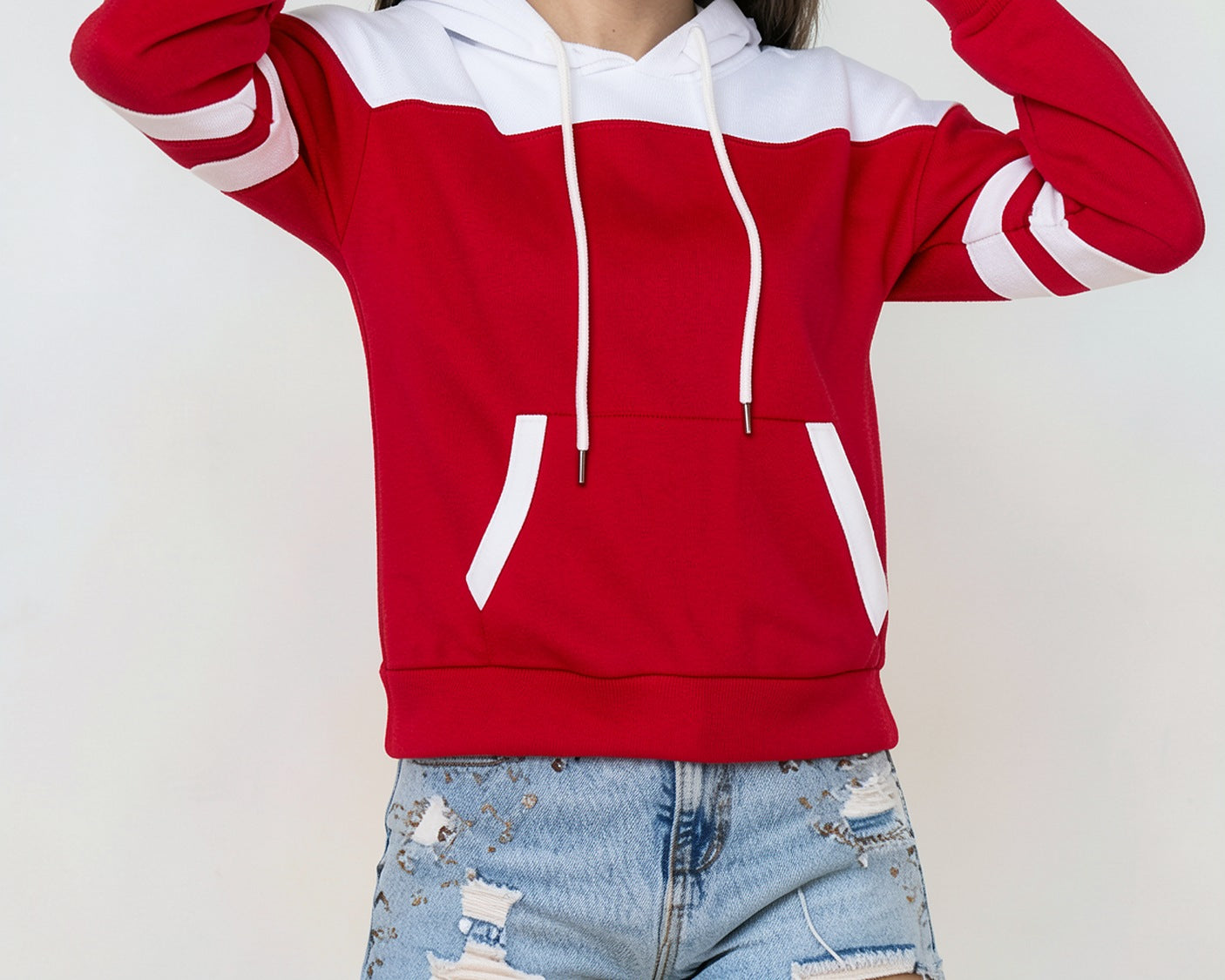 Woman wearing the Sporty Stripe Sleeve Hoodie