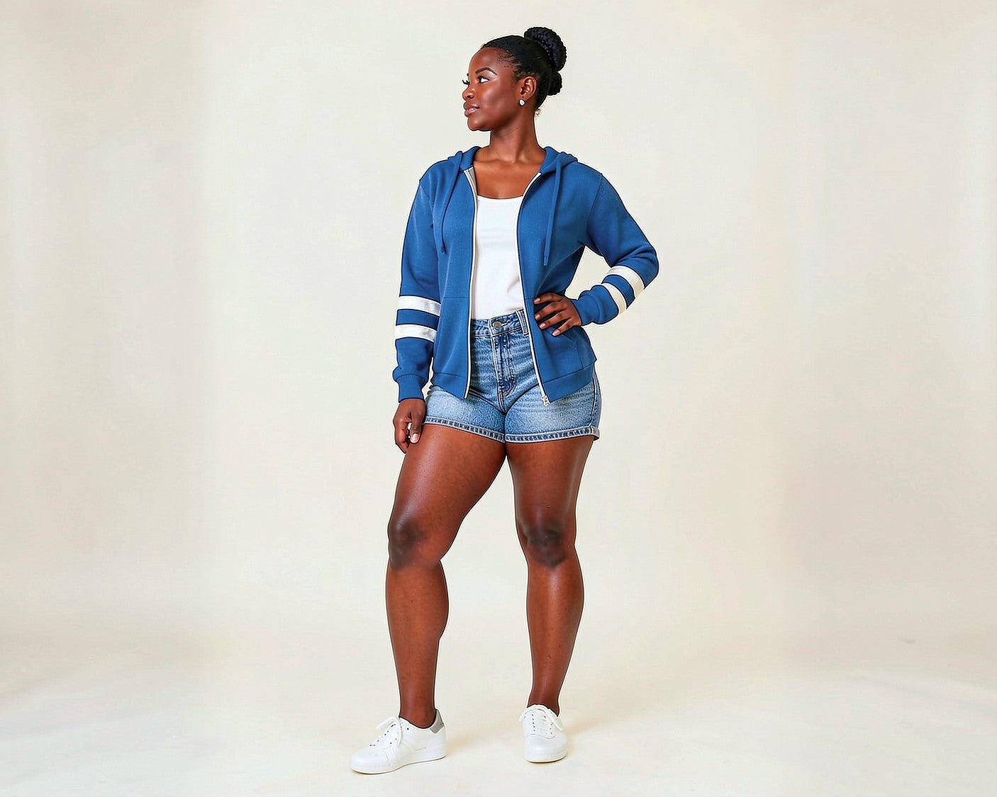 Woman wearing the Varsity Stripe Knit Zip Cardigan